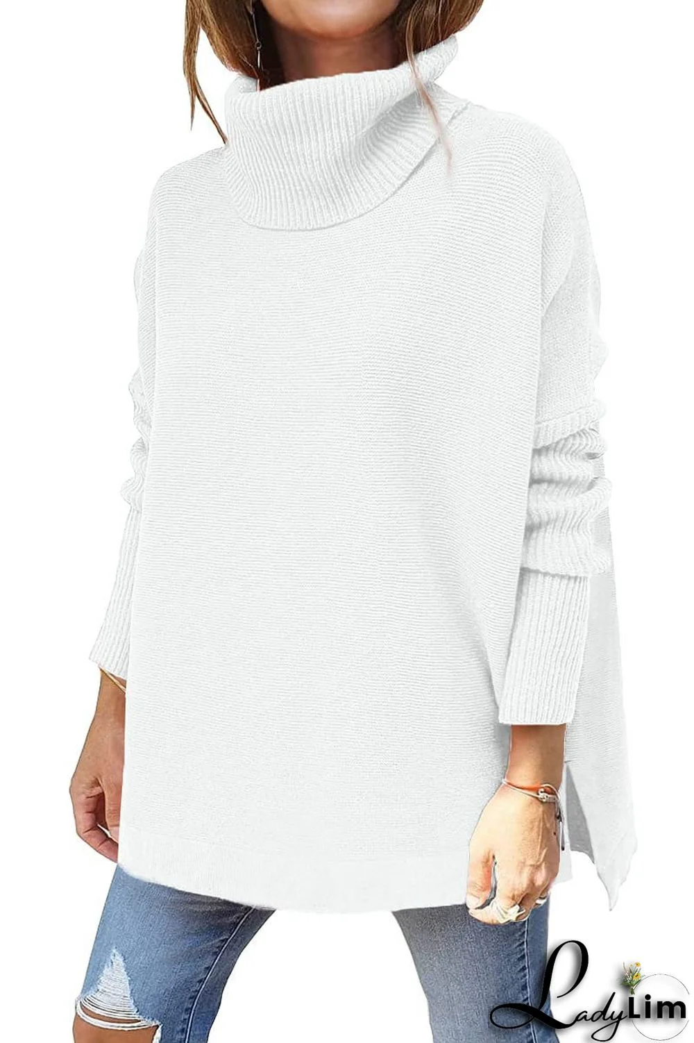 Turtleneck Sweater Loose Bat Sleeves Slit Hem Pullover Sweater Women Knitting Top