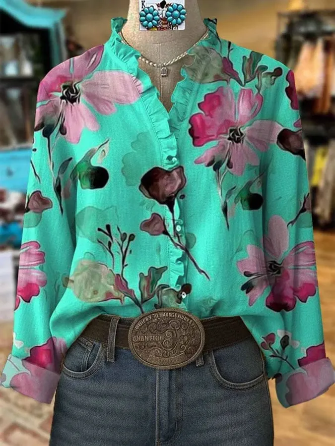 Women's Vintage Western Floral Print Shirt 