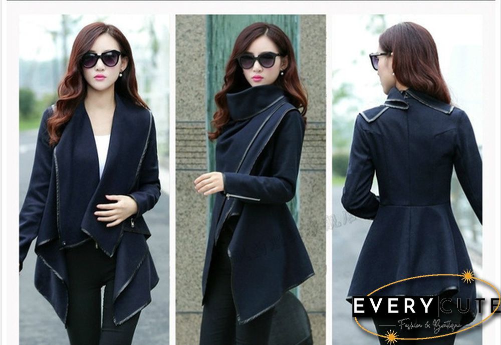 Fashion Long Sleeve Turn-Down Collar Open Stitch Woolen Plain Womens Coats Abrigos Mujer 5 colors