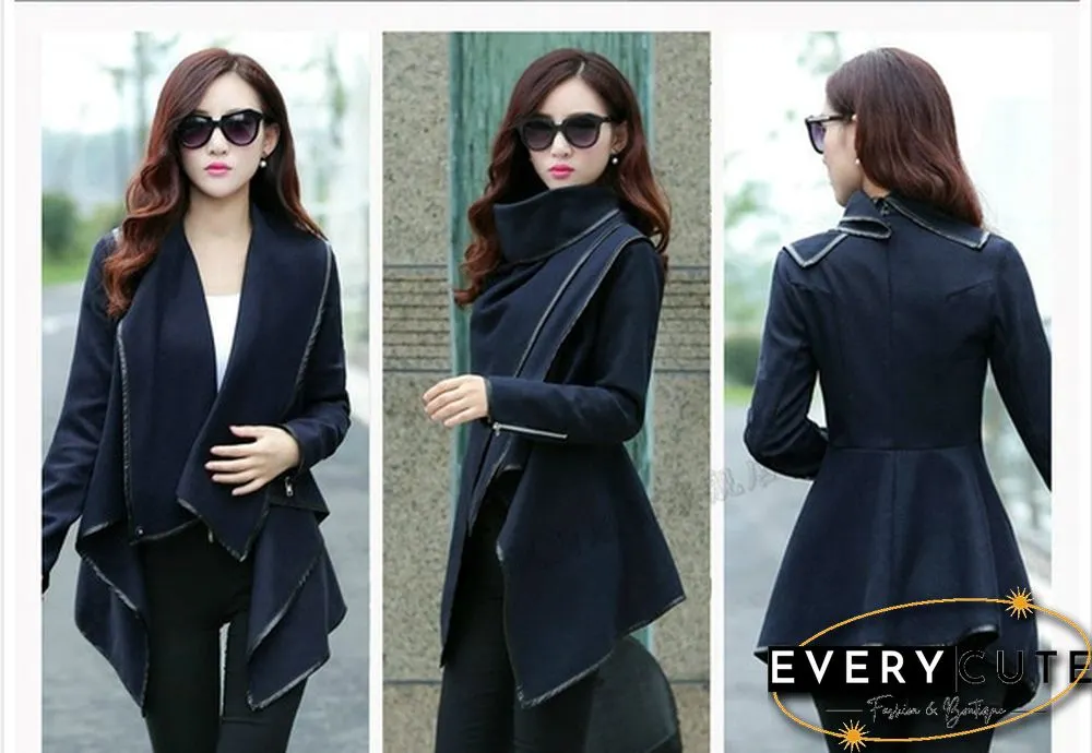 Fashion Long Sleeve Turn-Down Collar Open Stitch Woolen Plain Womens Coats Abrigos Mujer 5 colors