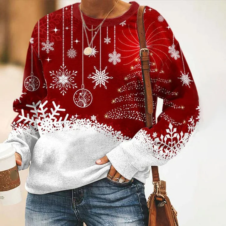 Wearshes Snowflake Print Crew Neck Long Sleeve Sweatshirt