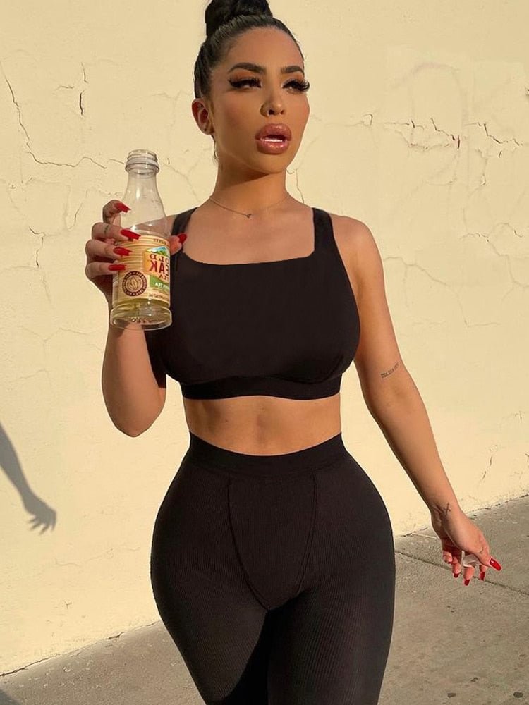 Dulzura Ribbed Knitted Women 2 Pieces Crop Top Tanks Biker Shorts Set Patchwork Tracksuit Streetwear Sporty 2021 Summer Outfit