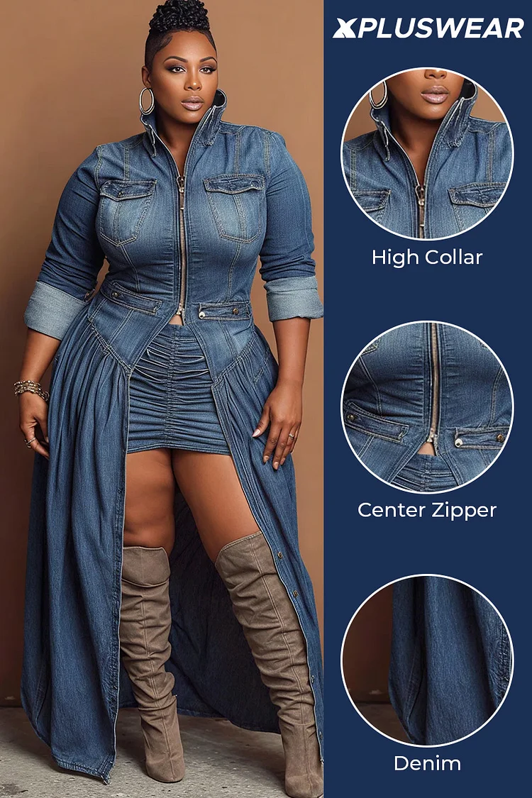 Xpluswear Design Plus Size Festival Blue High Collar Long Sleeve Split Casual Zipper Denim Coat [Pre-Order]