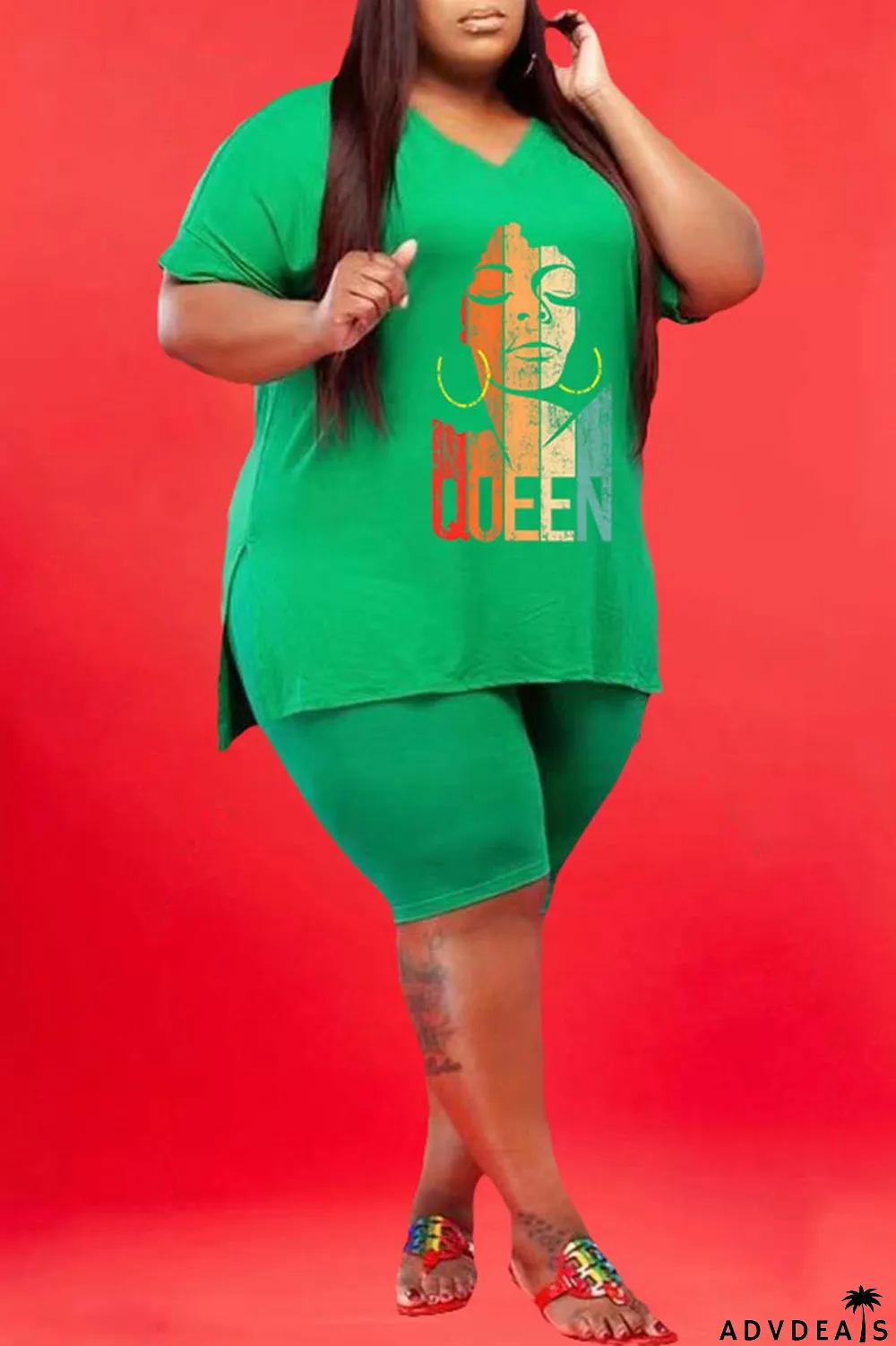 Green Casual Print Slit V Neck Plus Size Two Pieces