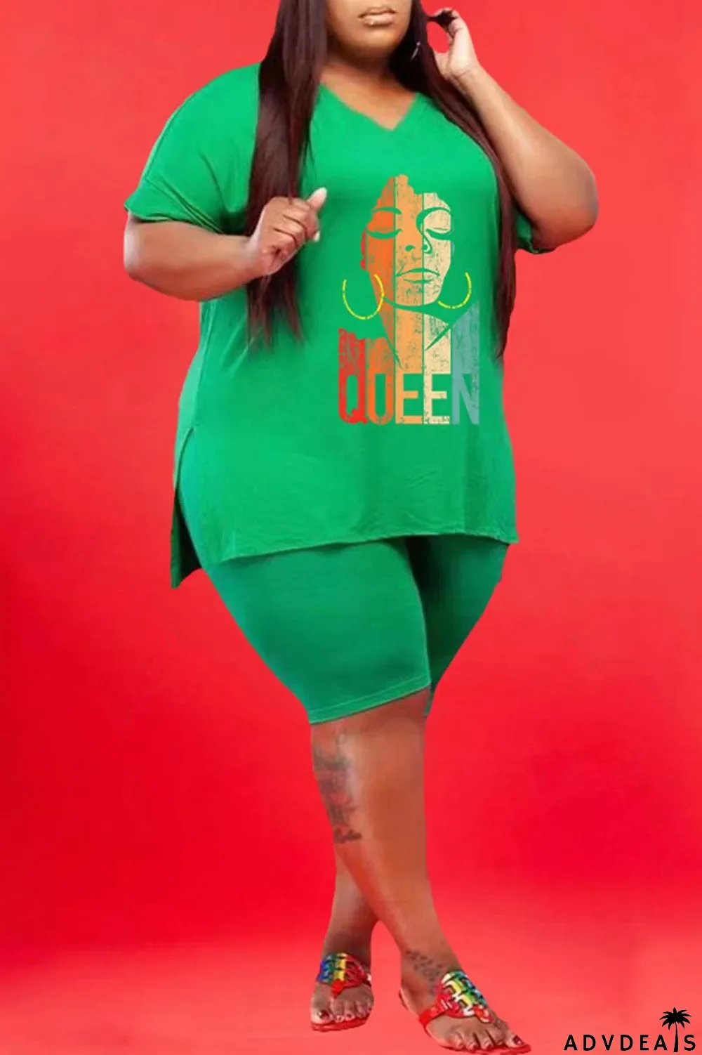 Green Casual Print Slit V Neck Plus Size Two Pieces