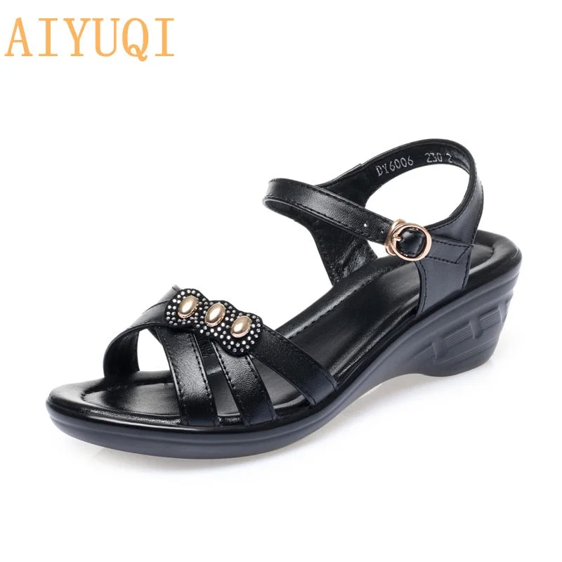 AIYUQI Women Sandals Summer 2021 Women shoes Genuine Leather Wedge Casual Large Size Middle-aged Mother Sandals Women