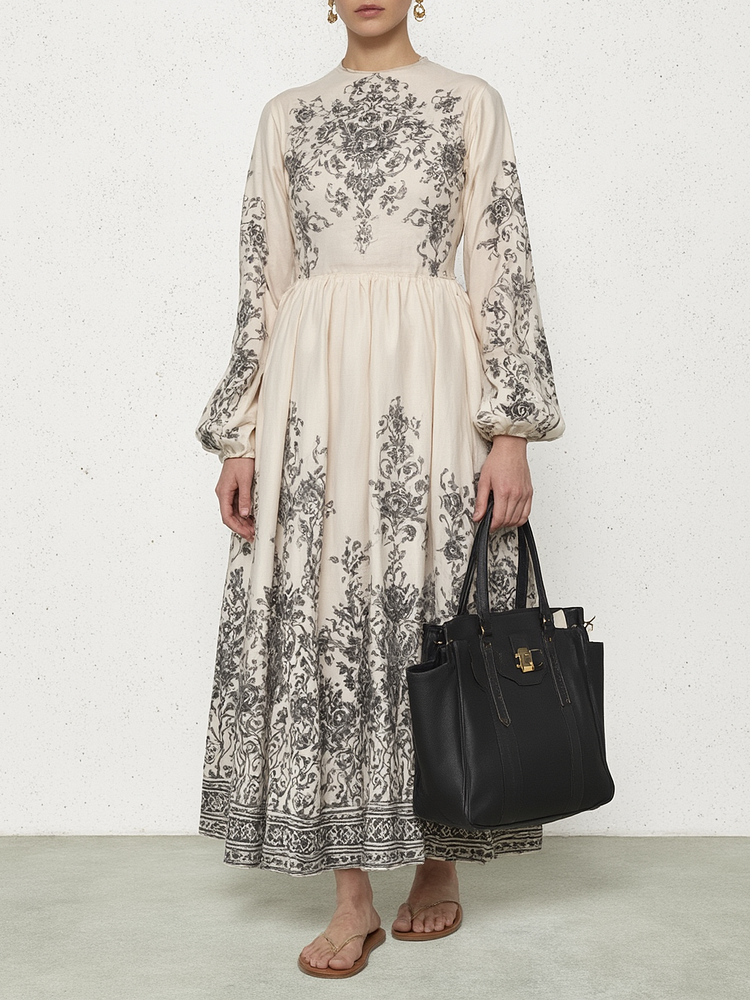 Round Neck Long Sleeve Floral Dress