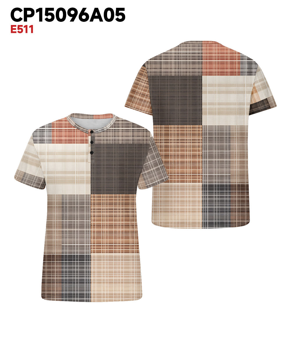 Men's Plus Size Daily Casual Vintage Plaid Patchwork Geometric Print Henry Collar Button Short Sleeve T-Shirt