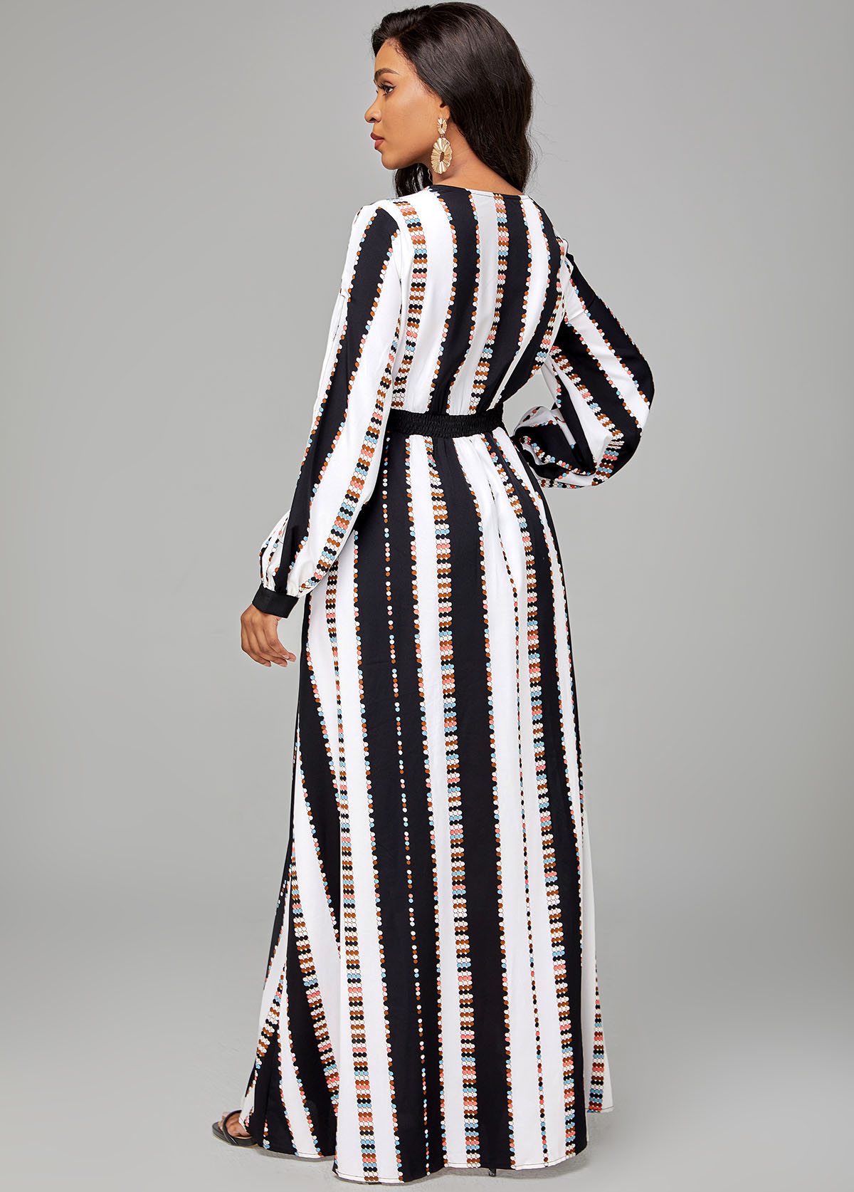 Striped Side Slit Long Sleeve V Neck Dress