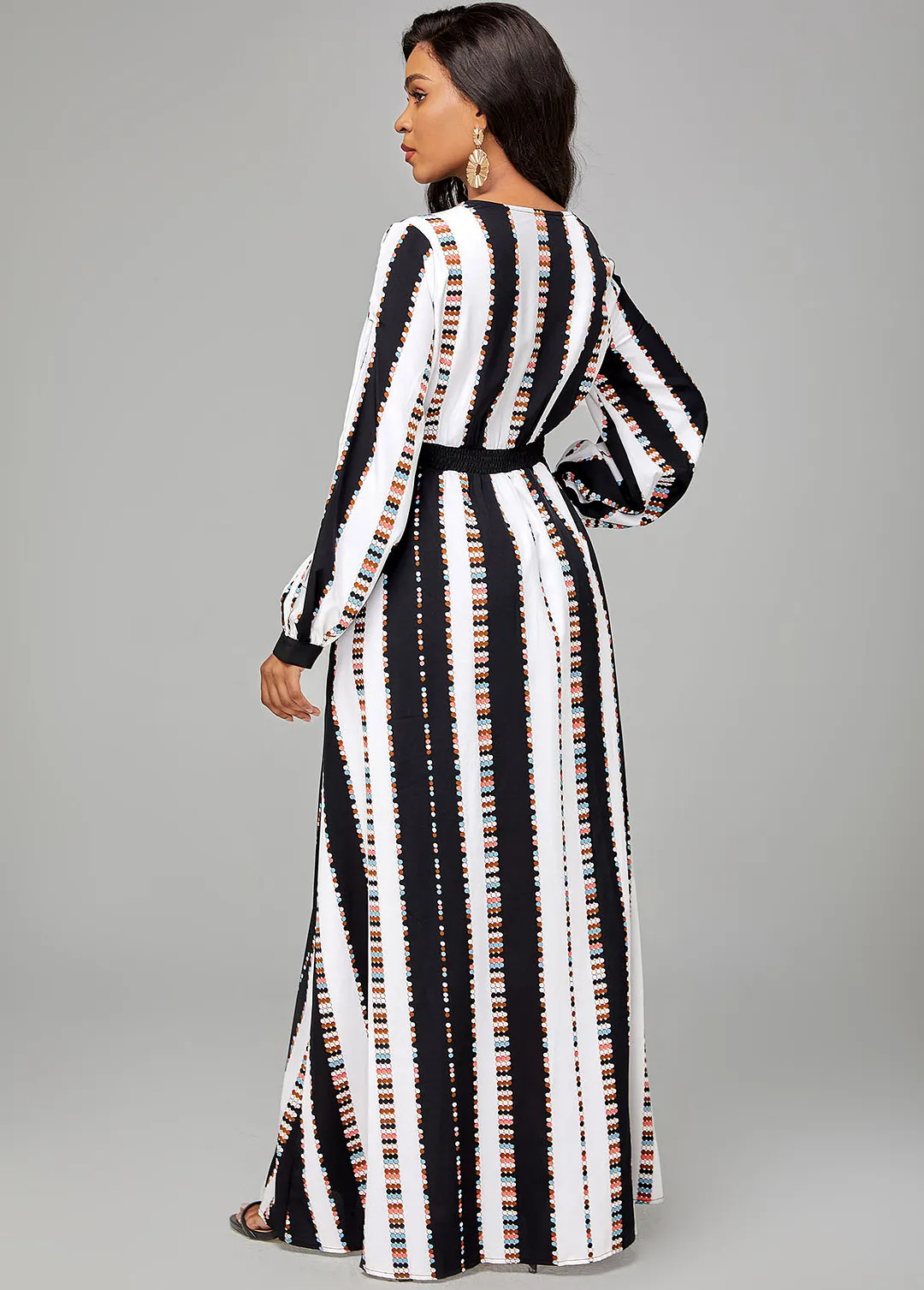 Striped Side Slit Long Sleeve V Neck Dress