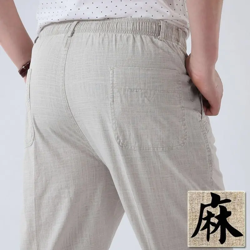 Fonhui Mens Cotton Linen Long Pants Summer Elastic Waist Trousers Solid Breathable High Waist Loose Leisure Resort Thin Straight Pants