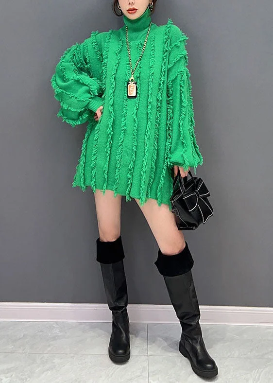 Italian Green Turtle Neck Oversized Tassel Knit Top Lantern Sleeve