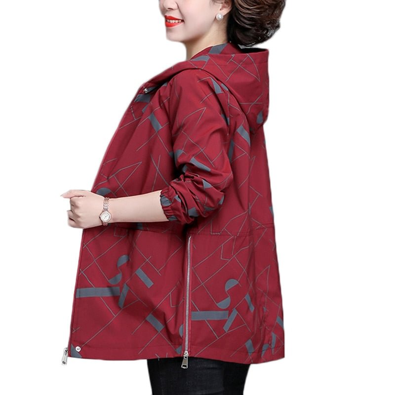 Plus Size 5XL Middle-aged Women Trench Coat New Printed Hooded Short Outerwear Spring Autumn Thin Windbreaker Female Basic Coat