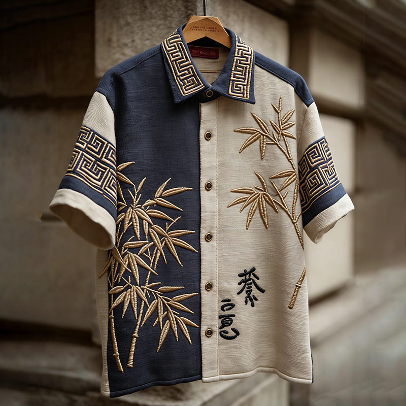 Men's Japanese Bamboo Art Color Blocked Design Shirt elevenforest