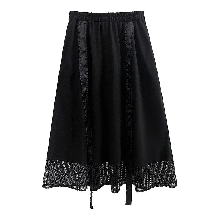 Goth Black Elastic Waist Splicing Ribbons Patchwork Hollow Out Lace Hem Skirt