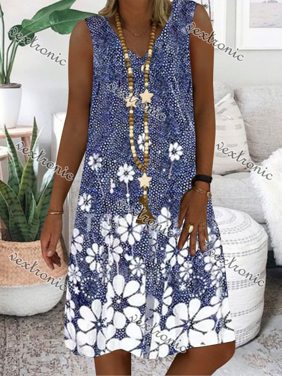 Women Blue Sleeveless V-neck Printed Midi Dress