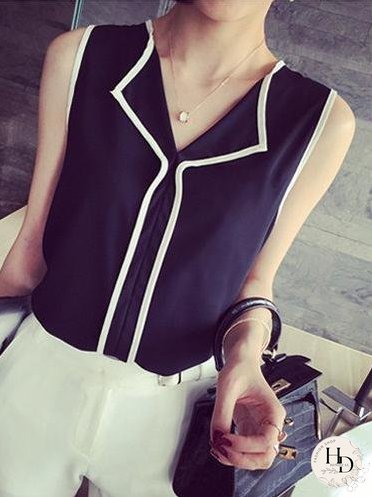 Contrast Color V-neck Sleeveless Chiffon Vest for Women