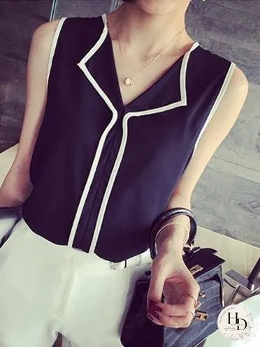 Contrast Color V-neck Sleeveless Chiffon Vest for Women