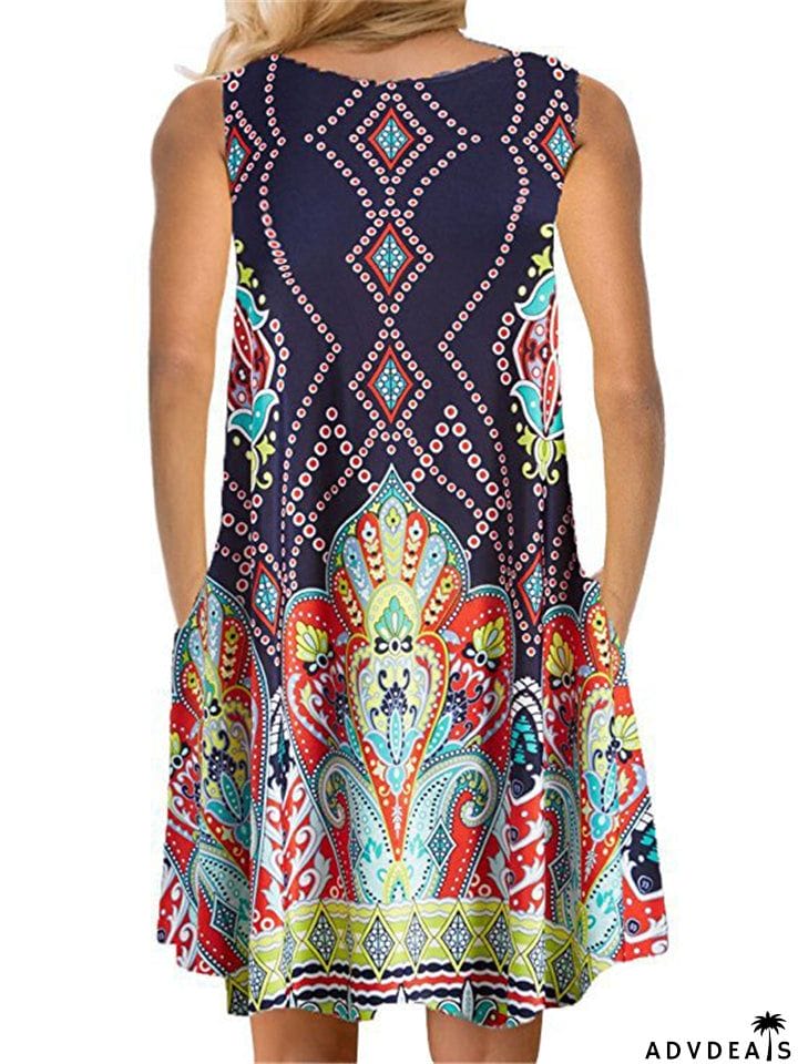 Sleeveless Printed Pullover Round Neck Dresses