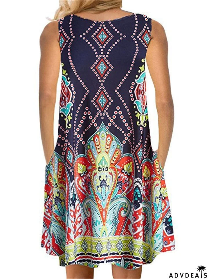 Sleeveless Printed Pullover Round Neck Dresses