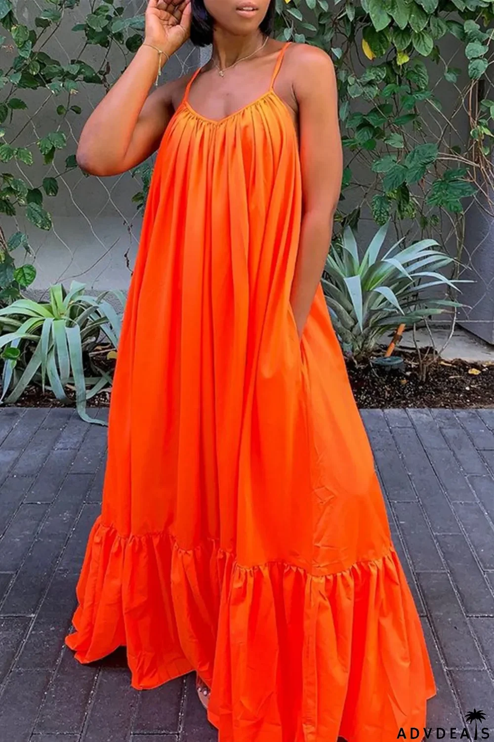 Dark Gray Sexy Casual Solid Backless Spaghetti Strap Loose Sling Dress