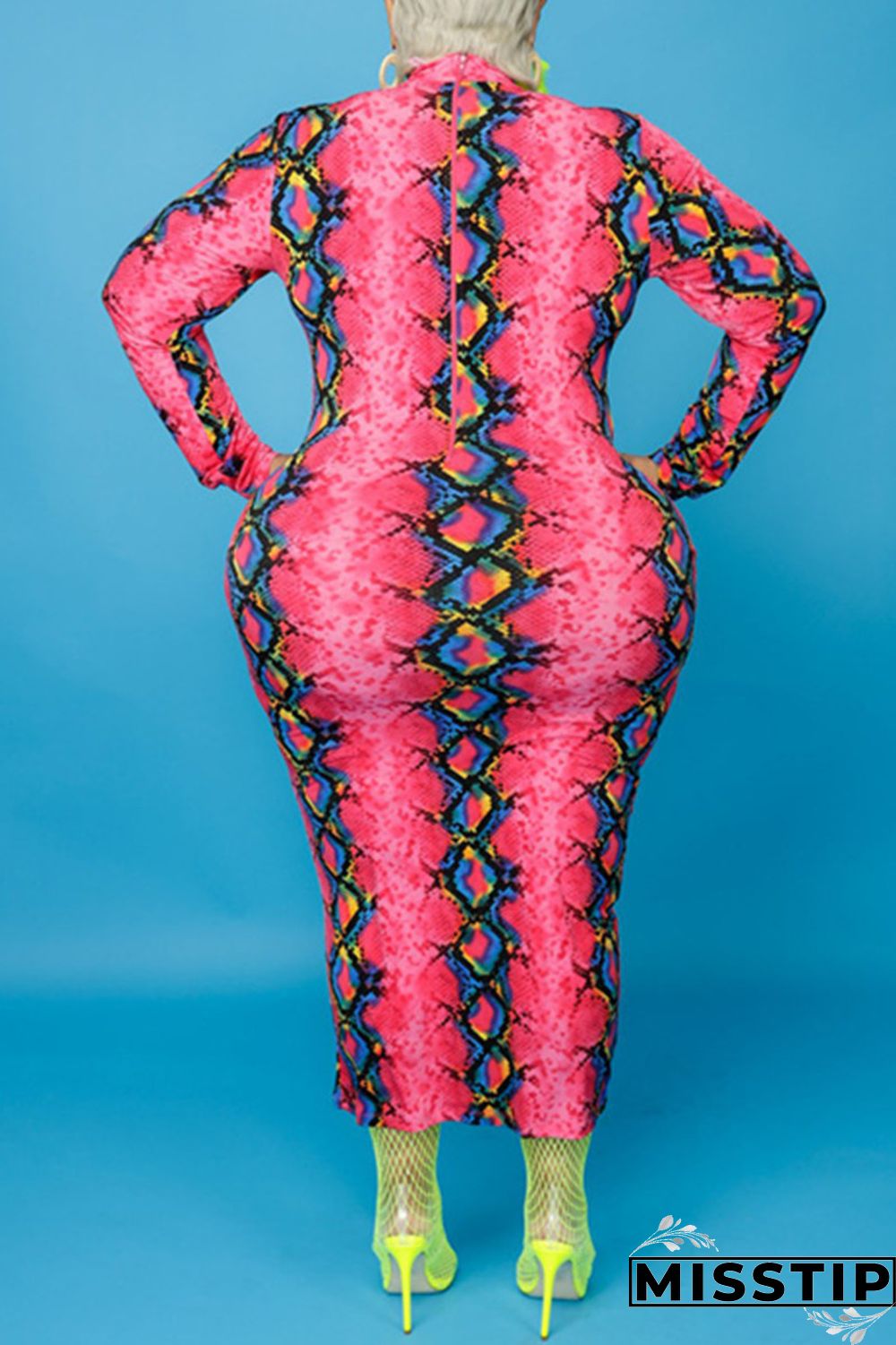 Multicolor Fashion Casual Print Basic O Neck Long Sleeve Plus Size Dresses