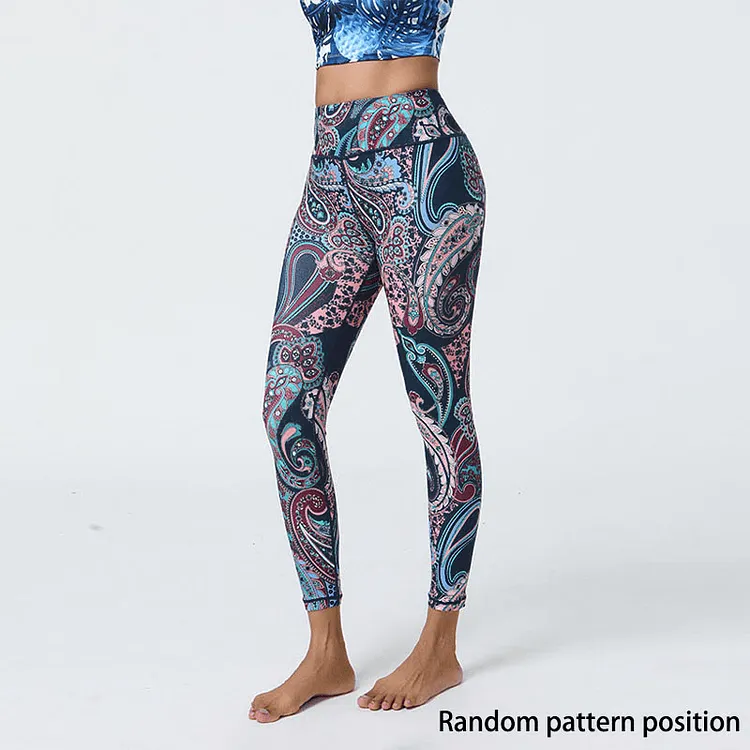 Flowers Feathers Sun Moon Print Sports Fitness Yoga High Waist Leggings Women's Pants