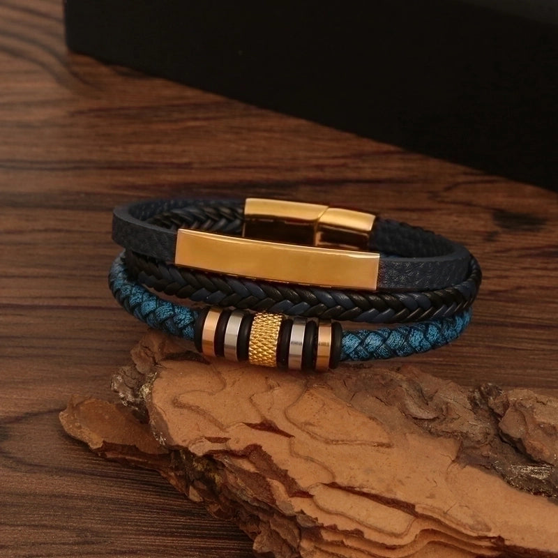 2 Pieces Stainless Steel Pu Leather Casual Hip-Hop Plating Magnetic Braid Stripe Plaid Twist Bracelets Bangle