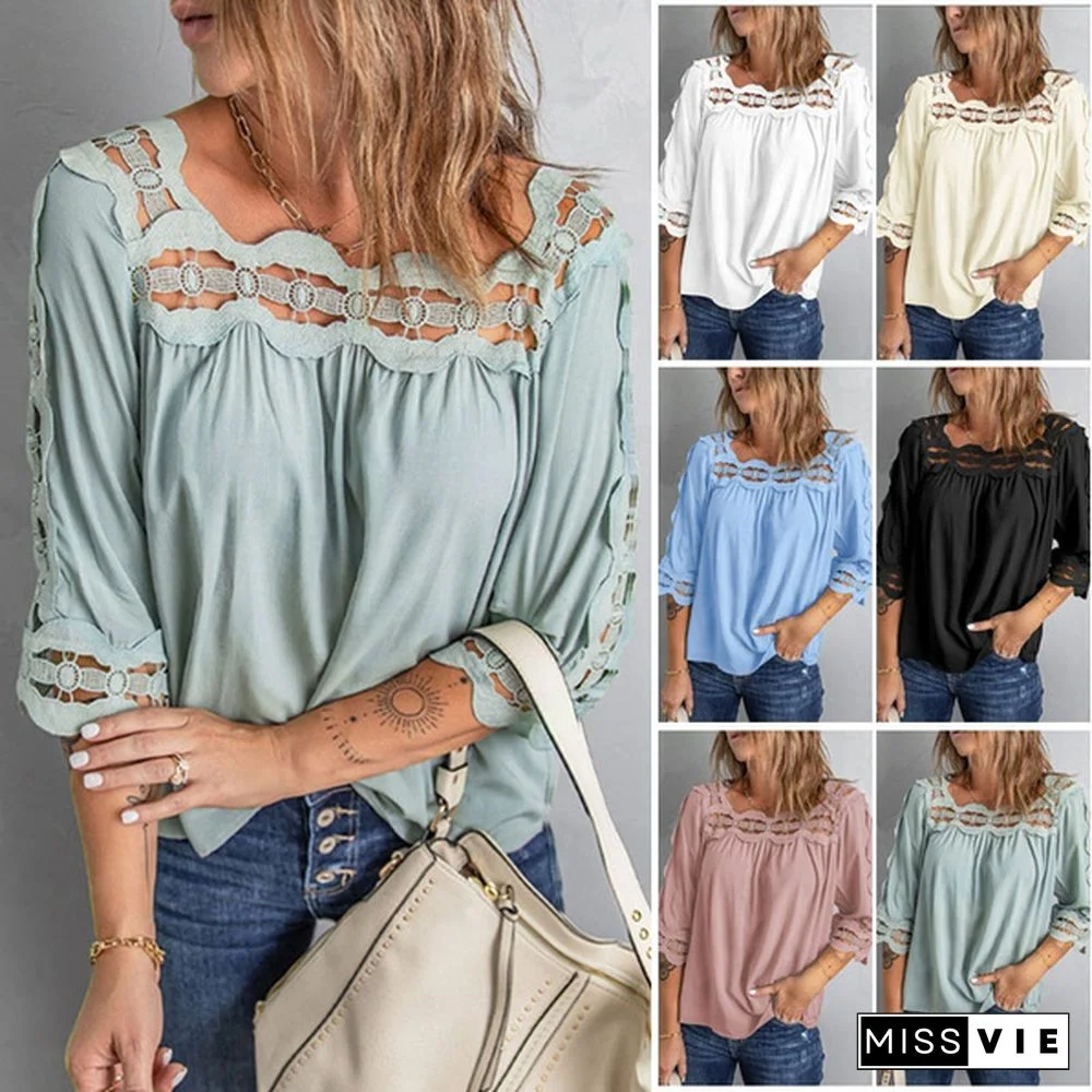 Spring and Summer Women's Stitching Lace Loose Top Casual Mid-sleeve T-shirt