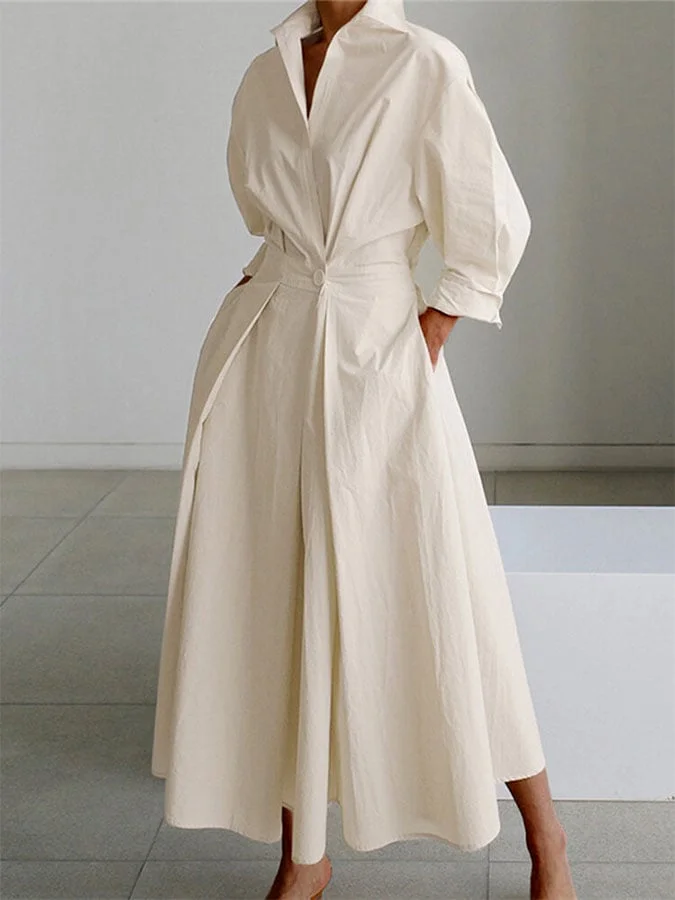 Women's Solid Pocket Button Lapel Long Sleeve Maxi Shirt Casual Dress