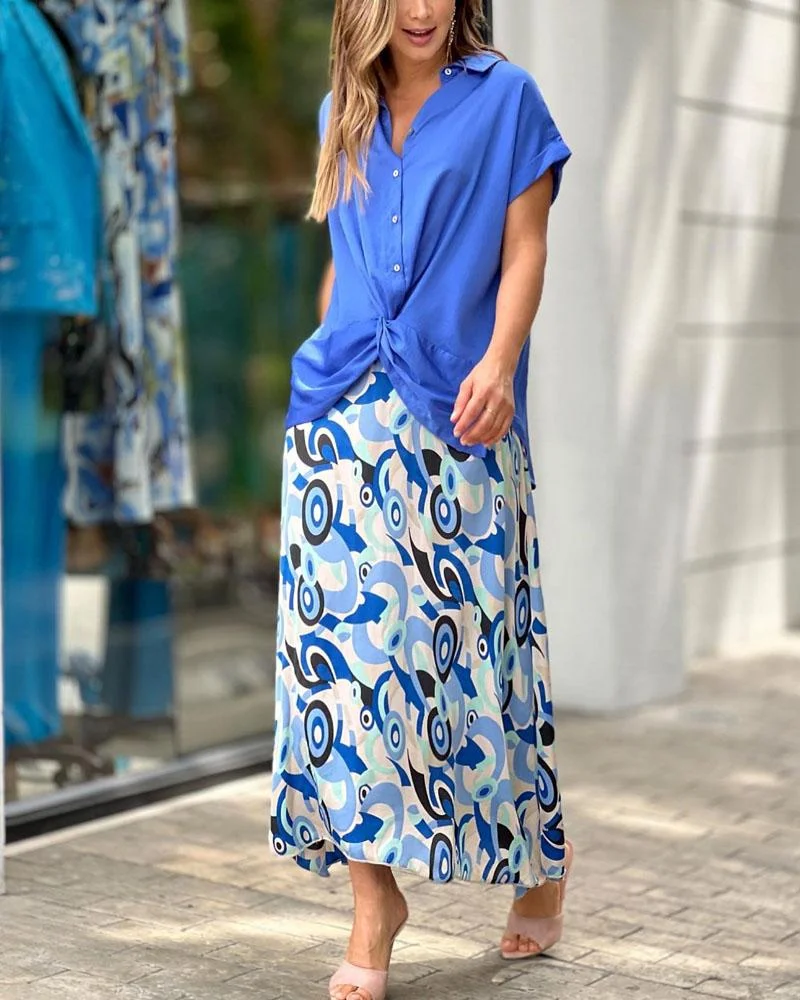 Solid Shirt Print Dress Set