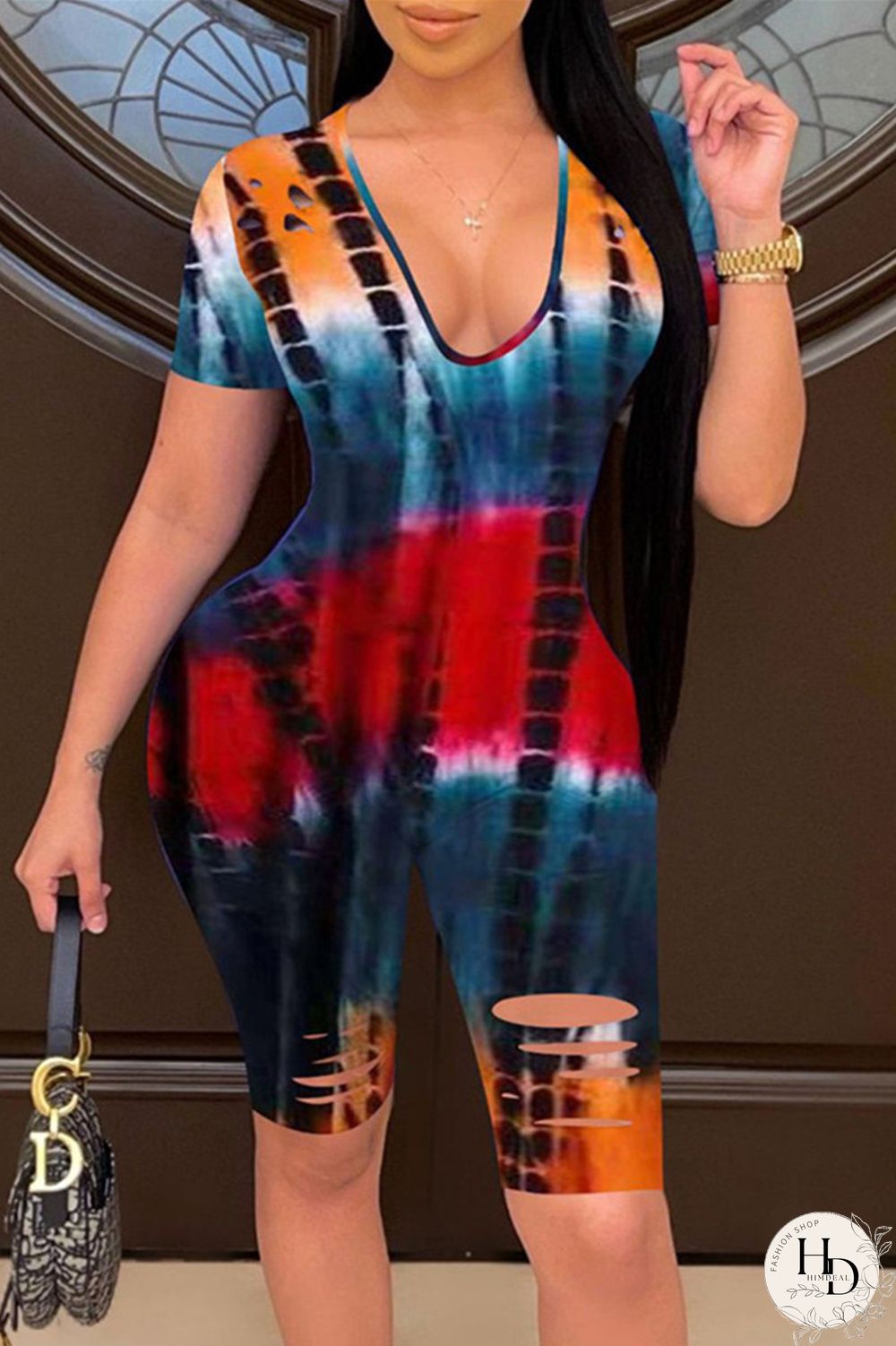 Purple Fashion Casual Print Tie Dye Ripped V Neck Skinny Romper