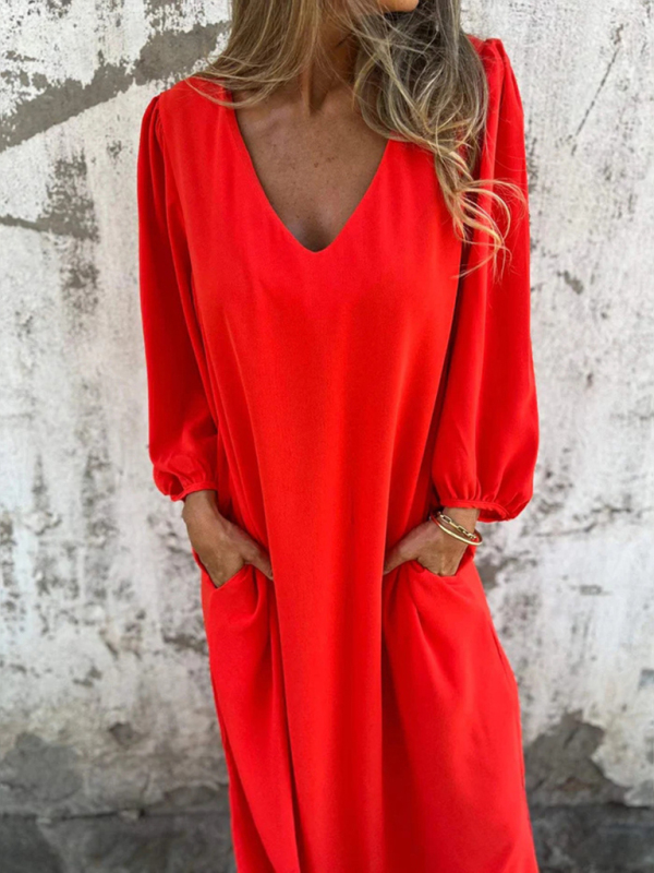 Mature Women Casual Summer Loose V-neck Solid Color Lantern Sleeve Maxi Dress