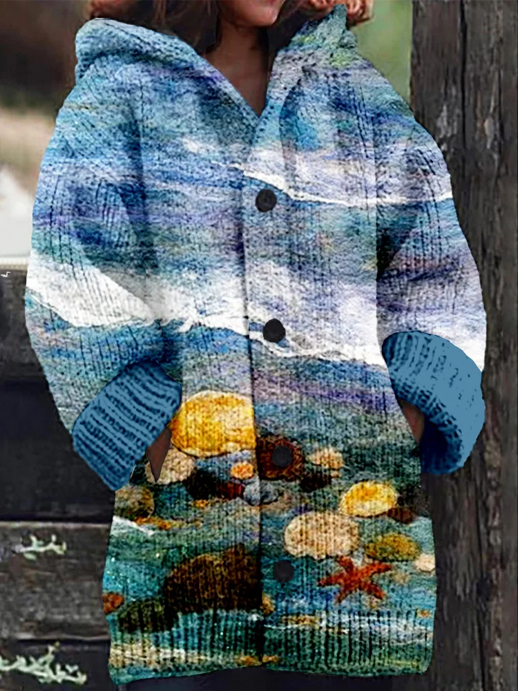 Comstylish Waves and Beaches Felt Art Cozy Hooded Cardigan