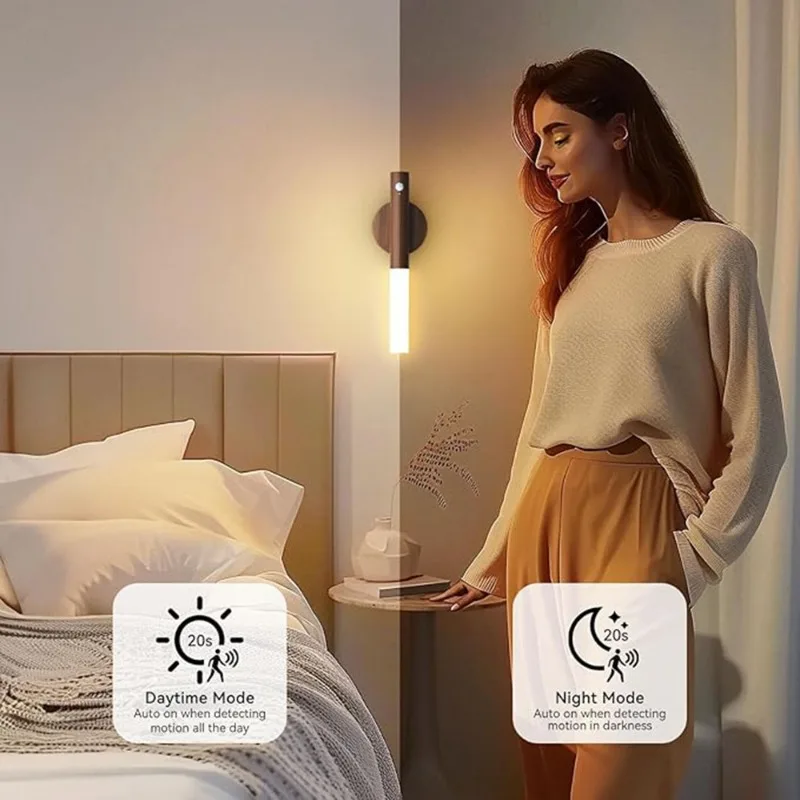 Tegooe Modern Wooden Motion Sensor Wall Sconce LED Night Light - USB Rechargeable Wireless Smart Induction Lamp for Bedside