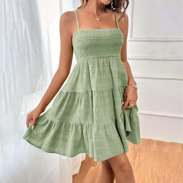 Women's Bohemian Beach Style Sleeveless Backless Big Swing Solid Spaghetti Strap Ruffles Dress 