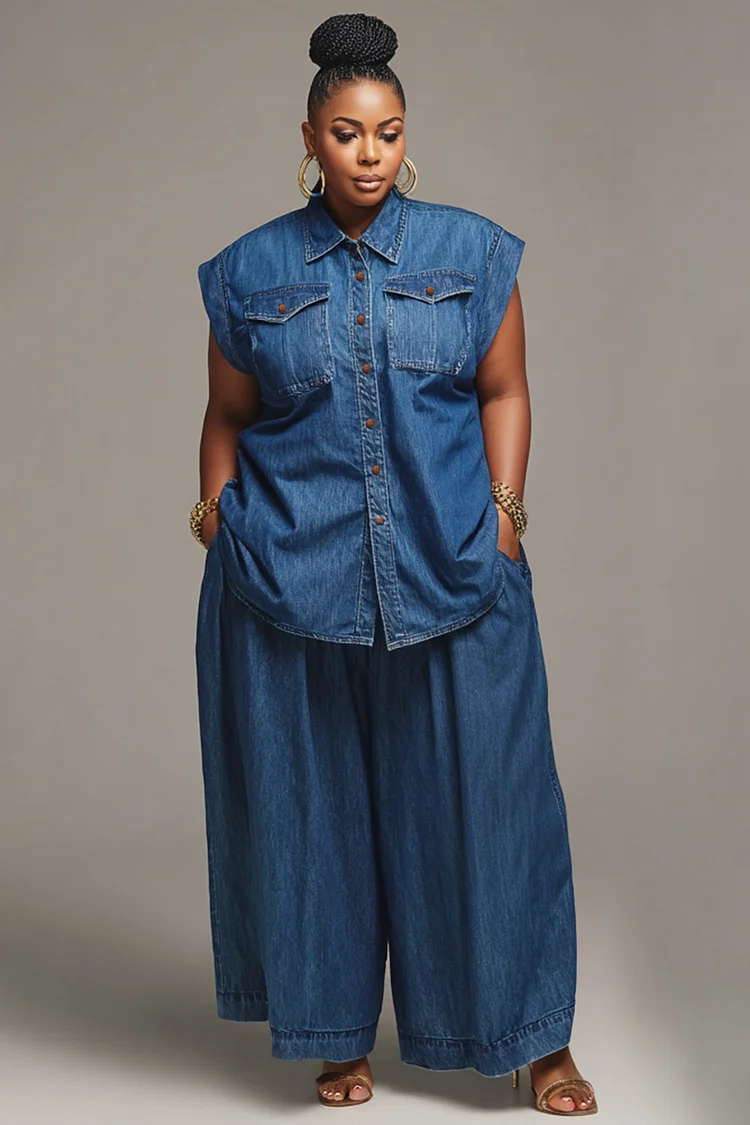 Xpluswear Design Plus Size Business Casual Blue Shirt Collar Pocket Denim Two Piece Pant Sets [Pre-Order] 2024 - Xpluswear