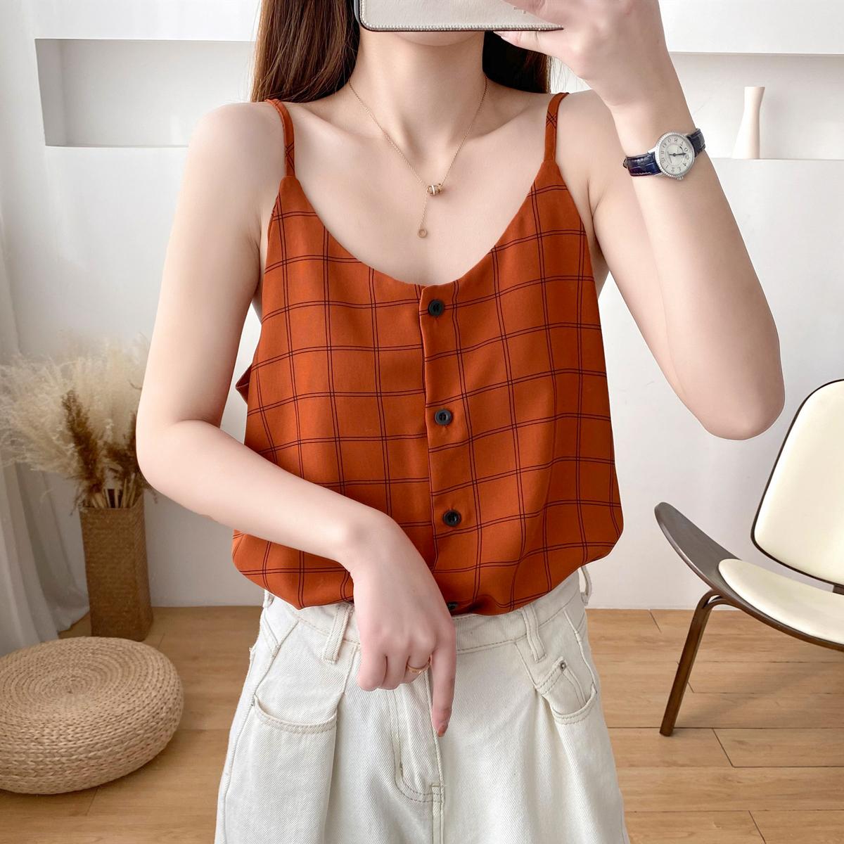 Summer Women Plaid Chiffon Camisole Tops Female Buttons Chic Cardigan Tanks Sleeveless Tops For Girls