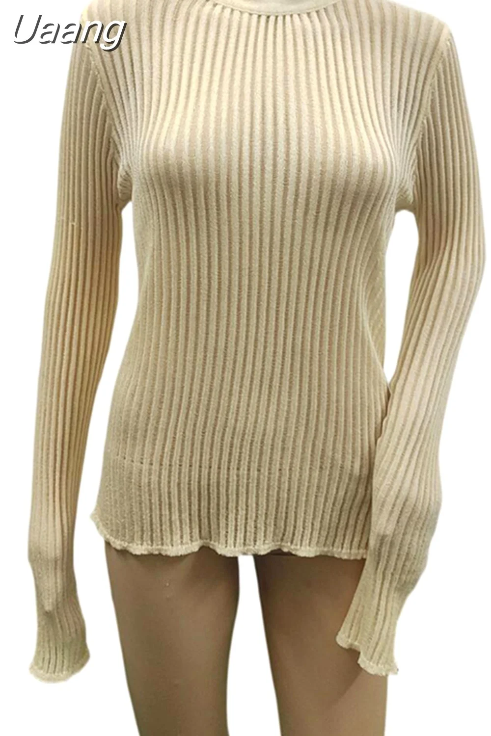 Uaang Sexy Thin Knit Sweater Women Solid Color Basic Pullover Top Casual Cozy Long Sleeve T-shirts 2023 Spring Summer New