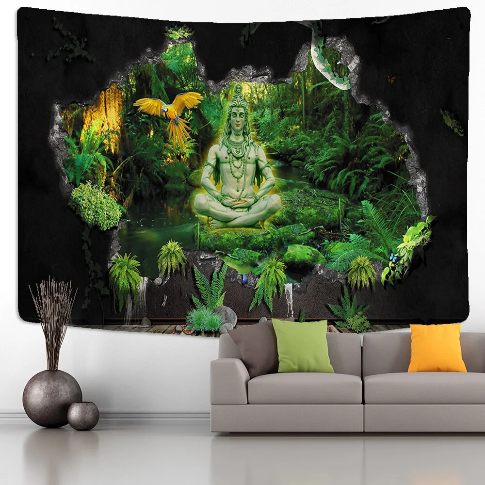 Indian Buddha Statue Meditation Tapestry Wall Hanging Natural Scenery Decor  Psychedelic Mandala Wall Cloth Yoga Carpet
