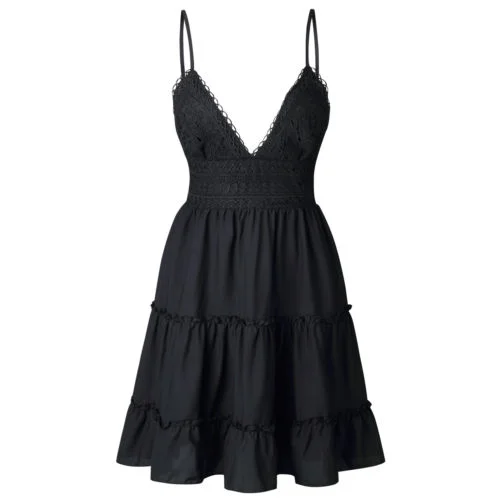 Boho Solid Color Sexy Lace V Neck Party Mini Dress