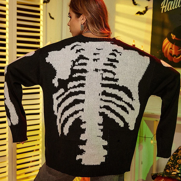 Hip Hop Jacquard Sweater Street Loose Skull Jacquard Knitted Pullover Sweater at Hiphopee