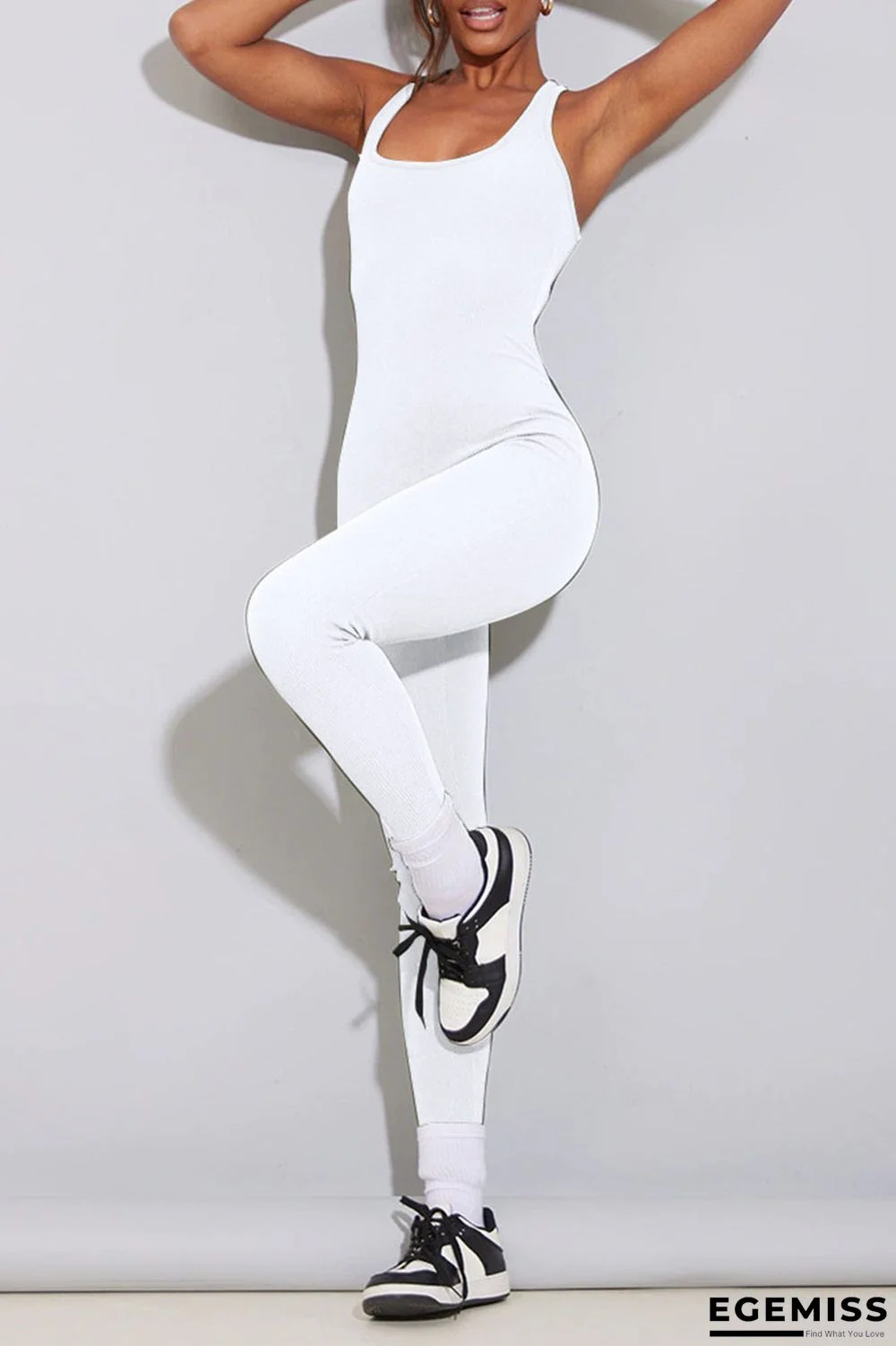 White Casual Sportswear Solid Patchwork Backless U Neck Skinny Jumpsuits | EGEMISS