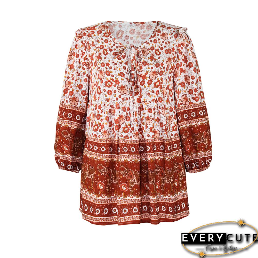 Red Bohemia Style Lace-up Long Sleeve Tops