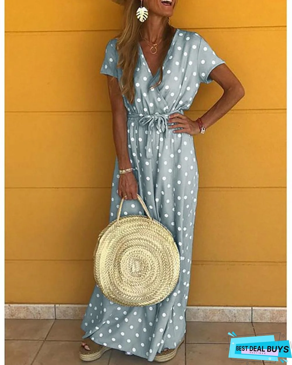 Women's Maxi Long Dress Short Sleeve Polka Dot Print Summer V Neck Hot Yellow Blushing Pink Gray Light Blue