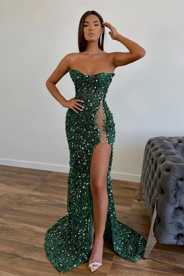 Luluslly Dark Green Sequins Prom Dress Mermaid Long With Slit