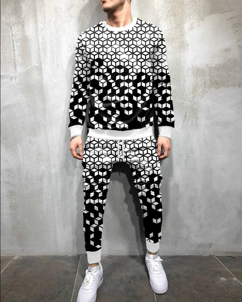 Men's Fashion White and Black Graphics Printing Long-sleeved Suit