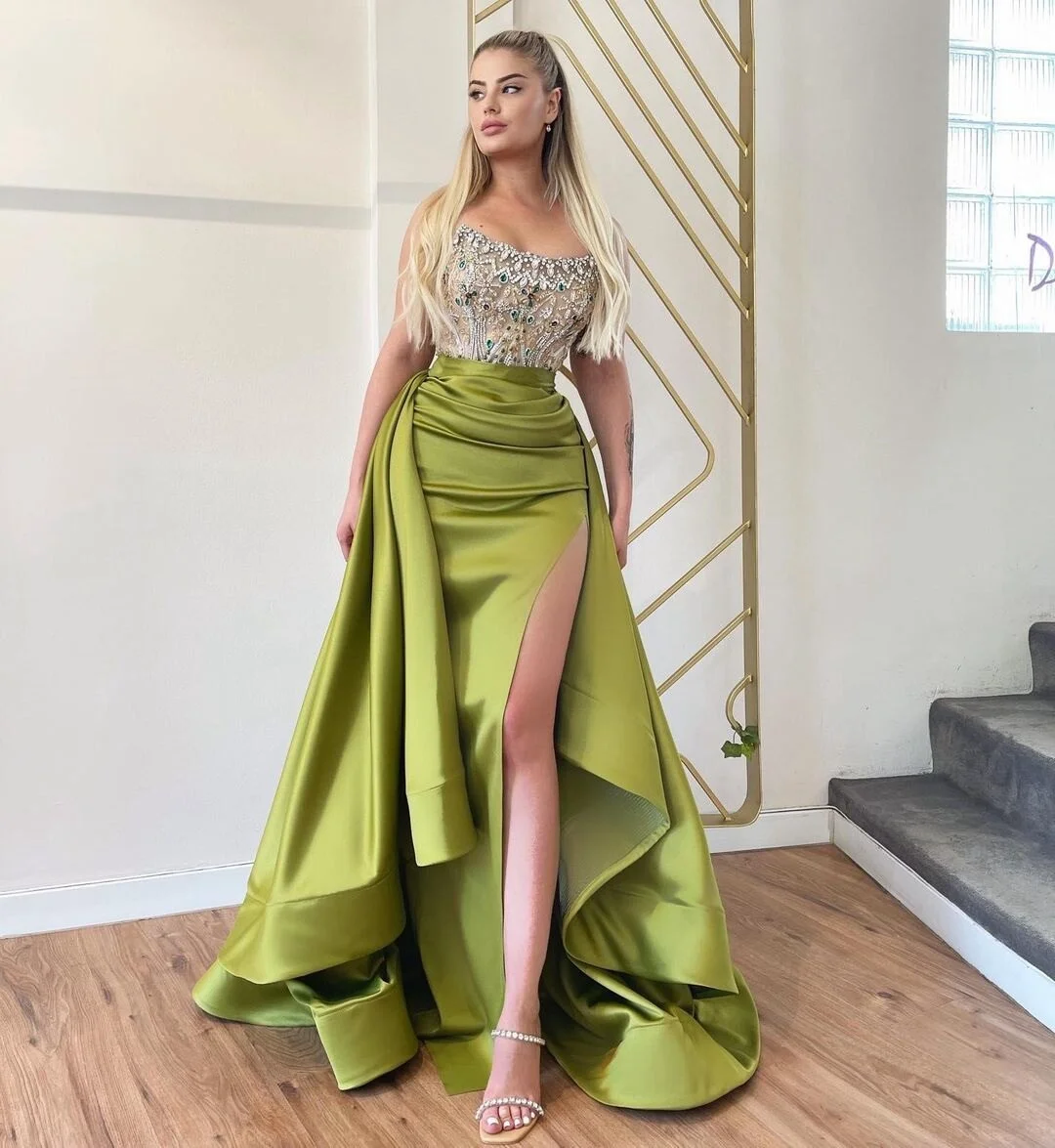 Graduation Party Dress Gift Billlnai 2023  Charming Elegant Long Evening Dresses Strapless High Split Crystals Appliques Women Prom Party Pageant Gowns Plus Size Custom