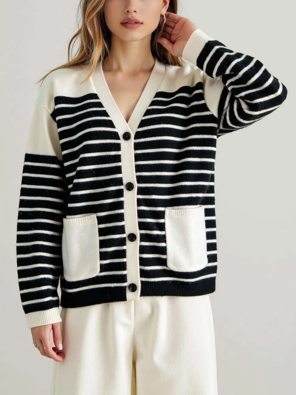 Nigikala Nigikala And Winter Single-Dcup Buckle V-Neck Pocket Knitted Cardigan New Striped Impact Coat