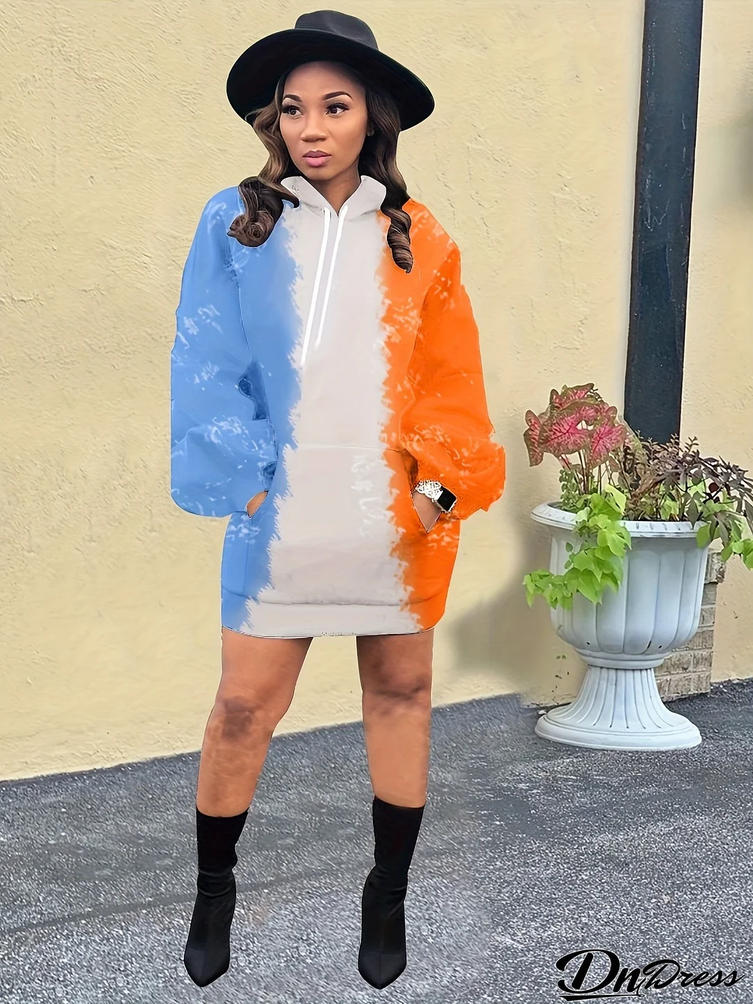 Women Casual Tie Dye Print Pocket Hooded Dress